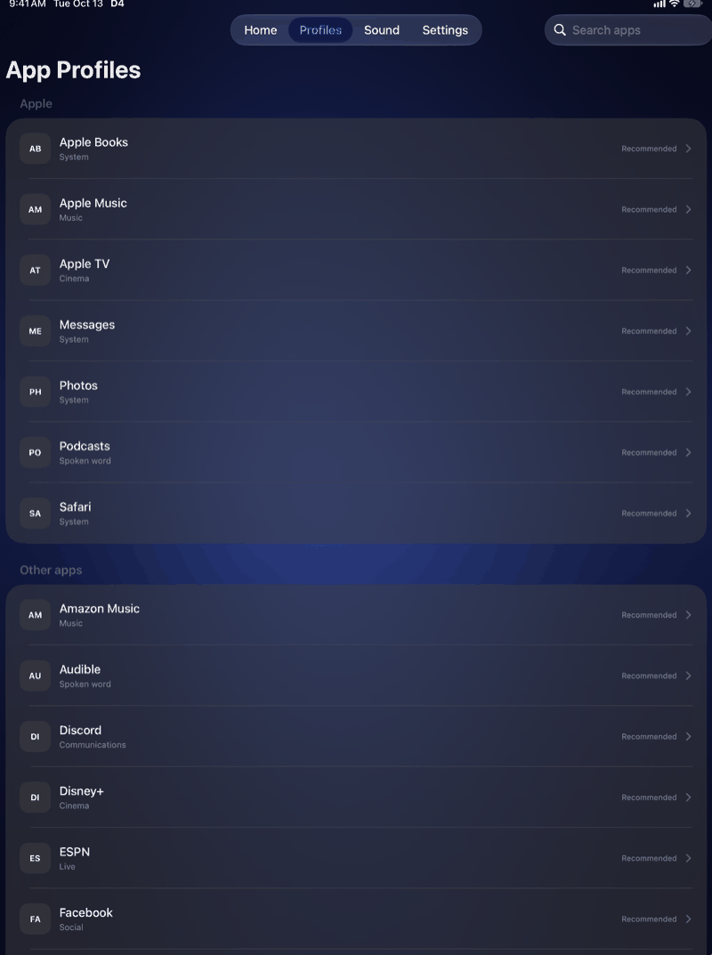 D4 on iPad: the App Profiles list with Apple Books, Apple Music, Apple TV, Messages, Photos, Podcasts and Safari, each set to Recommended